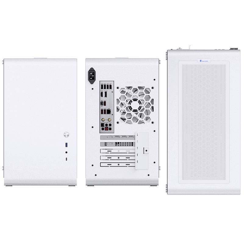 Un boîtier d'ordinateur blanc, montré de côté, de dos et de dessus. Des fentes de ventilation visibles et différentes options de connexion.