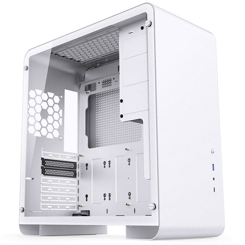 Un boîtier PC blanc et vide avec un panneau latéral ouvert, offrant de l'espace pour les composants. Il est doté de grilles de ventilation et de plusieurs baies d'extension.