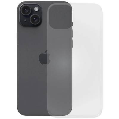 Smartphone noir avec deux objectifs de caméra et le logo Apple au dos, à côté d'un étui de protection transparent.