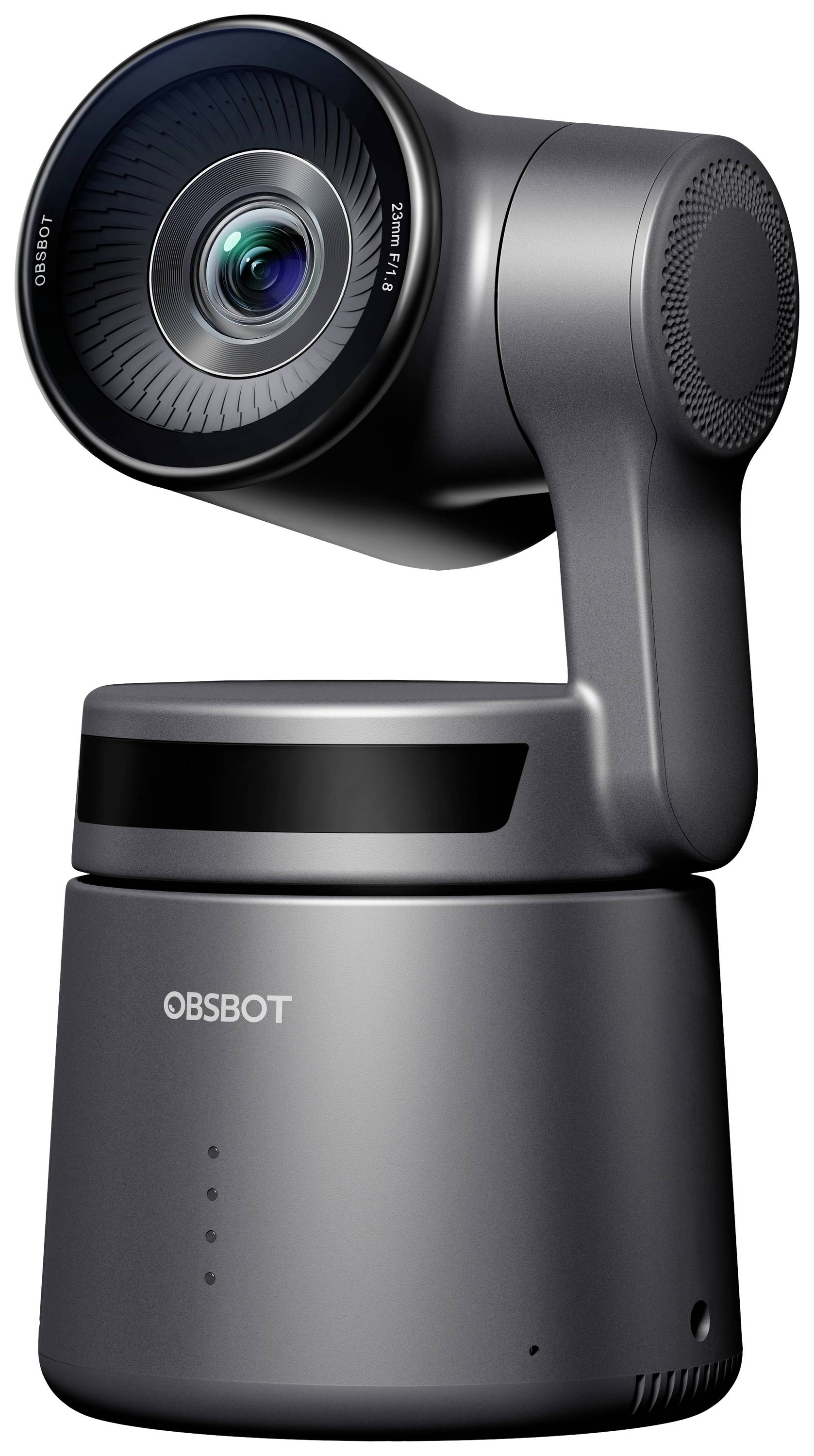 Une webcam PTZ noire avec un grand objectif montée sur un socle motorisé pour un suivi automatique.