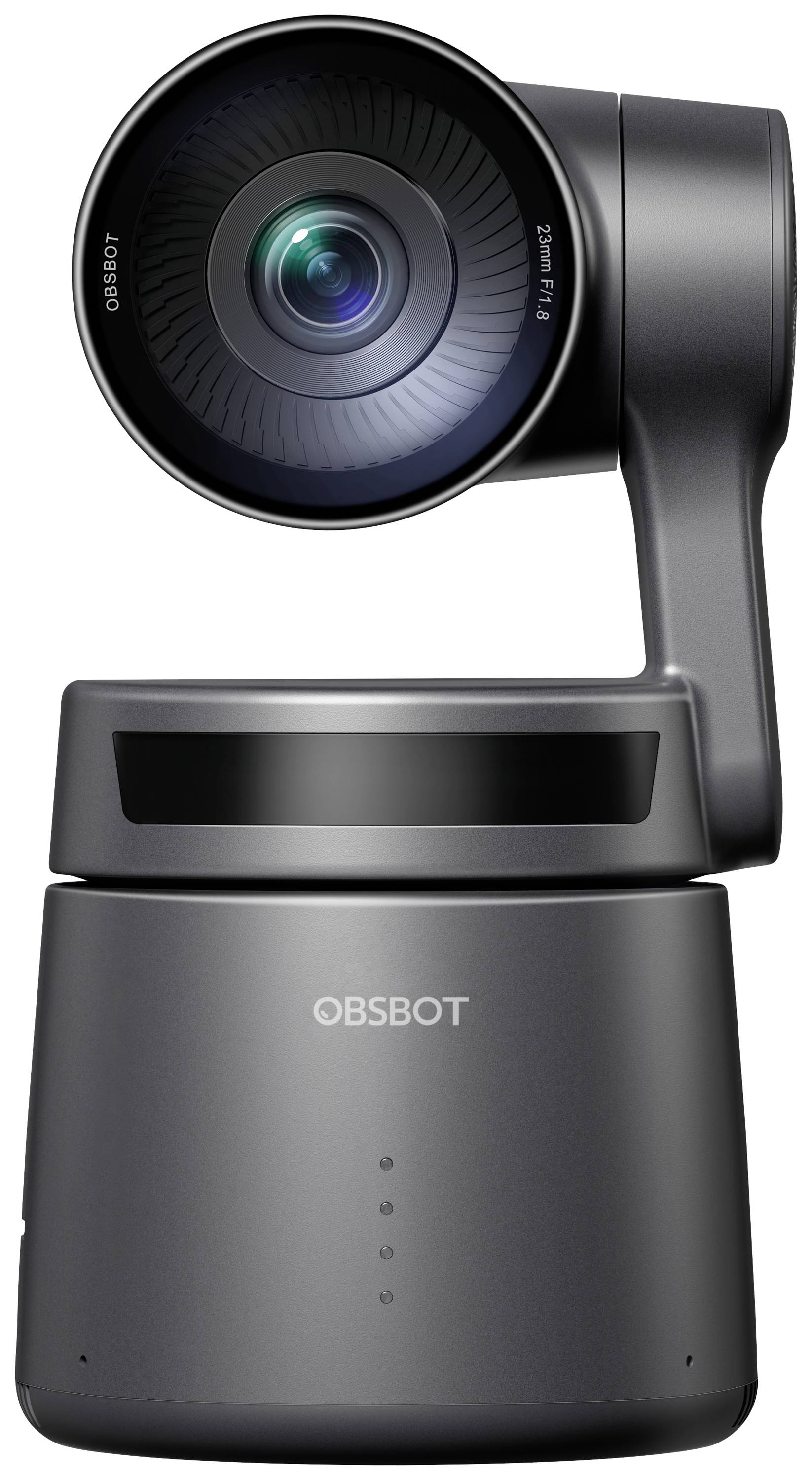 Une caméra noire, pivotante, avec un objectif grand-angle et une base ronde. 'OBSOT' est inscrit en haut. Idéale pour les vidéoconférences et le streaming.