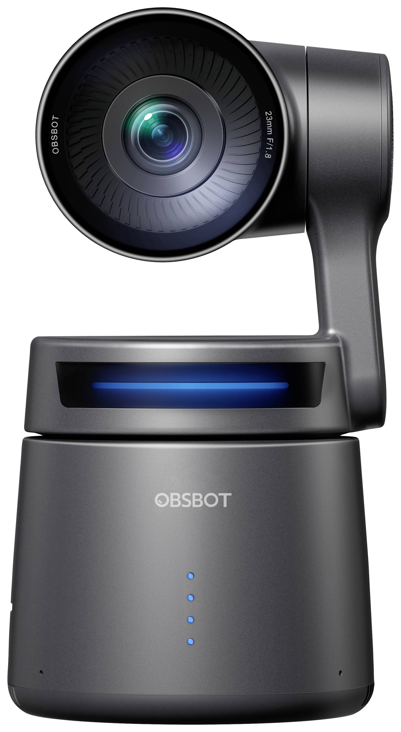 Une webcam noire futuriste avec un grand objectif et un cardan orientable, illustrant un design moderne et l'application de technologies avancées.