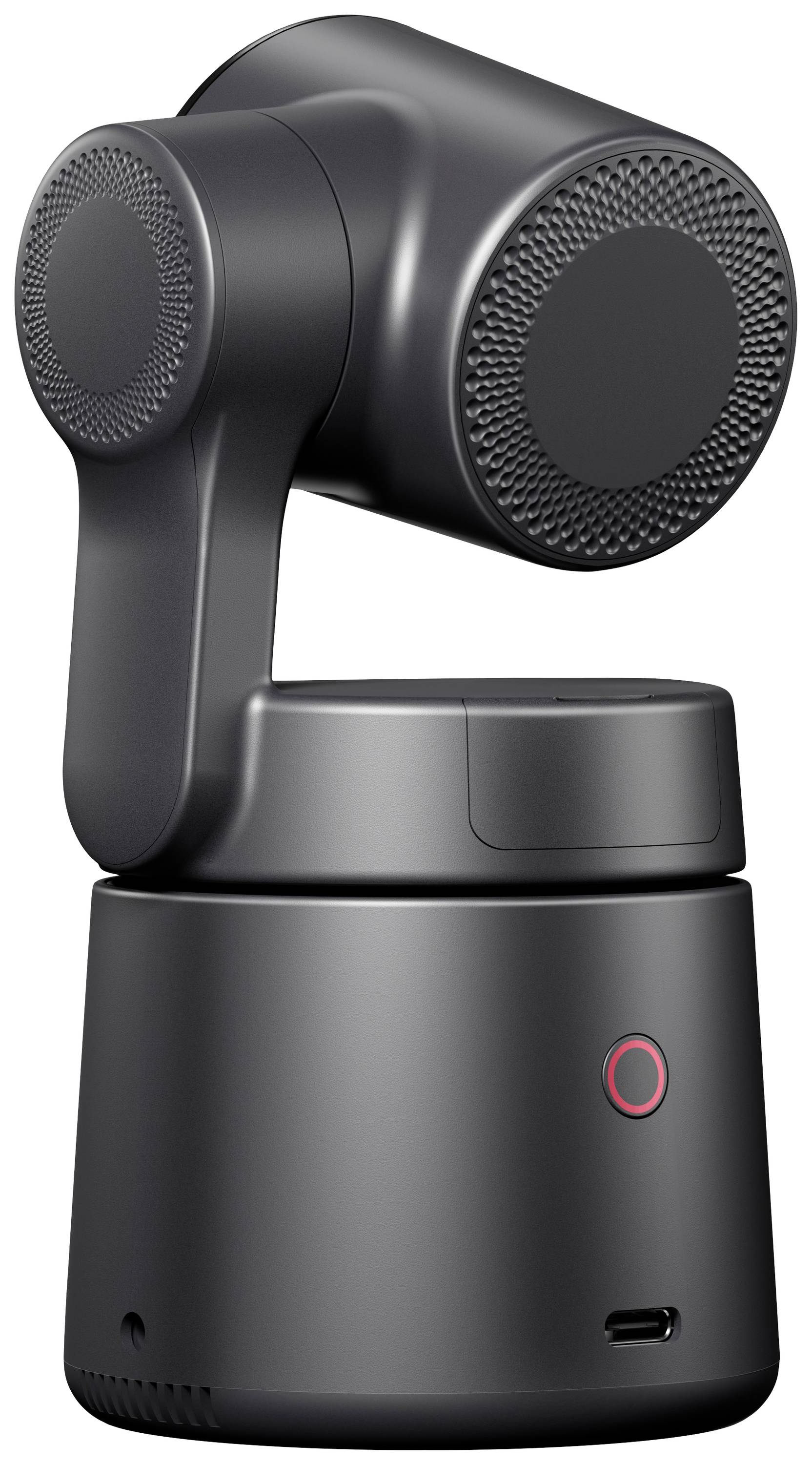 Une caméra noire, cylindrique avec une tête rotative, adaptée pour les enregistrements vidéo. Elle dispose d'un port USB et d'un bouton rouge.
