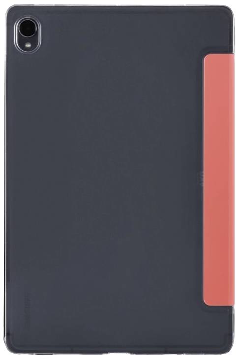 Une tablette noire avec une housse de protection rouge à l'arrière. La caméra se trouve dans le coin supérieur gauche.