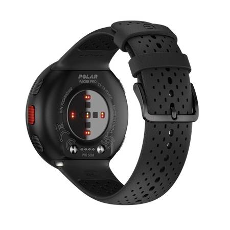 Une montre connectée noire vue de dos, avec un bracelet ajouré et des capteurs de suivi de fitness sur le fond du boîtier.