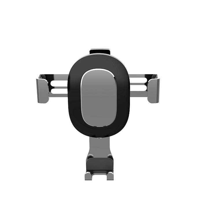 Un support de téléphone noir en métal, adapté aux grilles de ventilation de la voiture, avec des bras latéraux réglables.