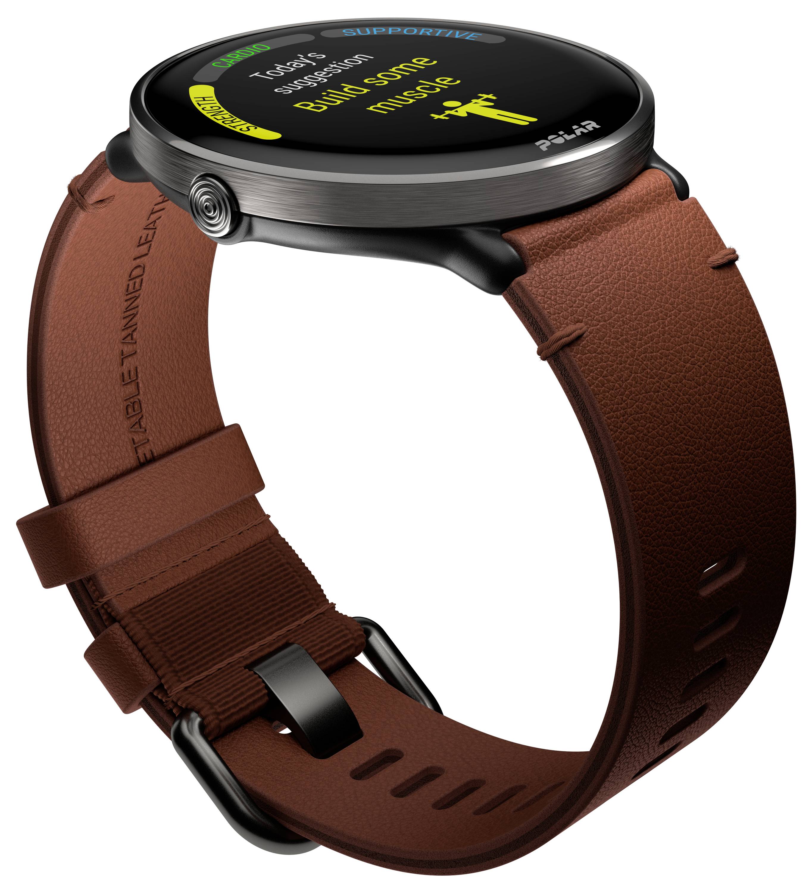 Montre-bracelet avec affichage circulaire, bracelet en cuir et boîtier noir indiquant la fréquence cardiaque et le nombre de pas.