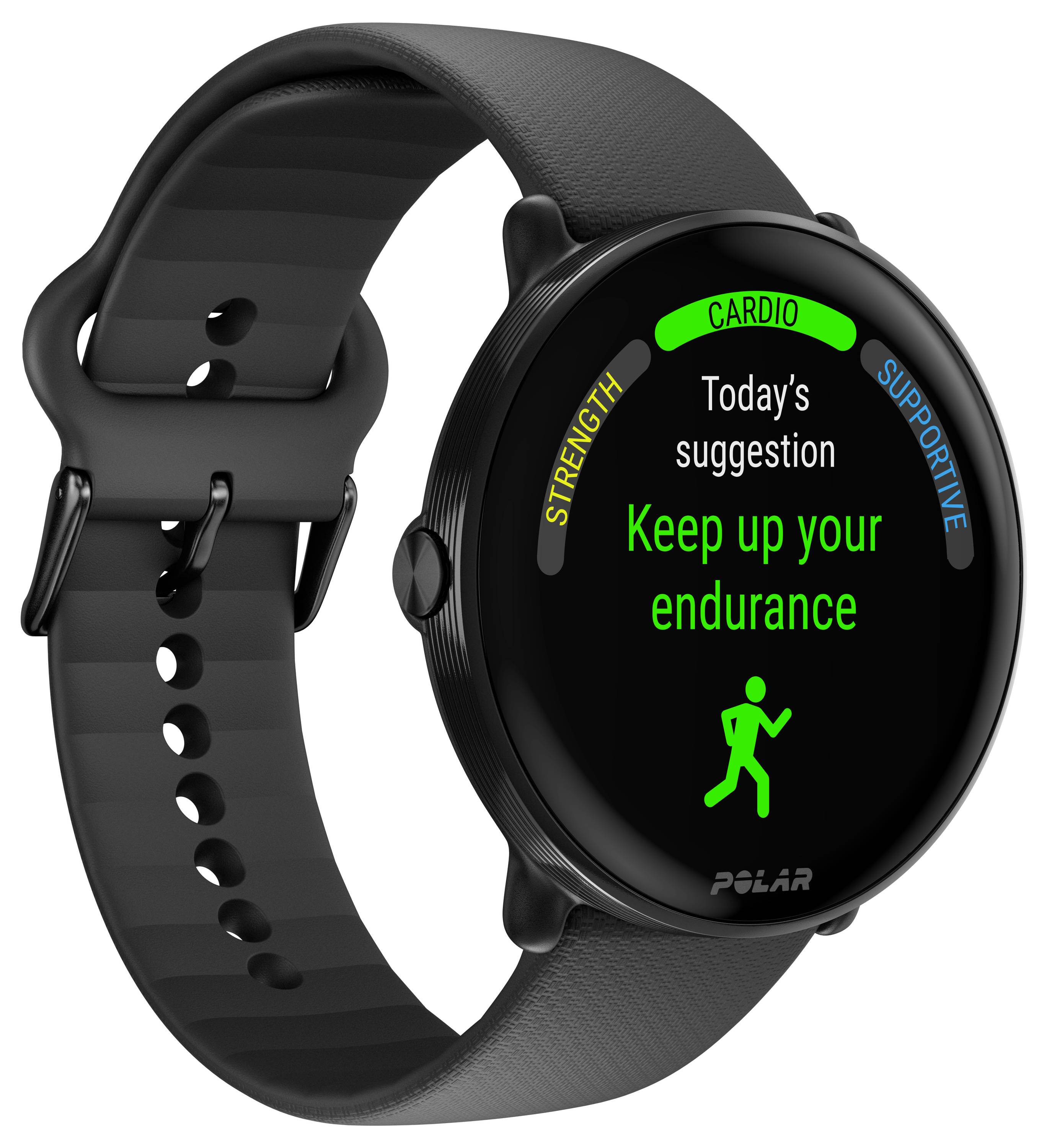 Montre de fitness noire à écran rond affichant 'Maintiens ton endurance'. Recommandée pour l'entraînement d'endurance. Icônes de cardio et de support visibles.