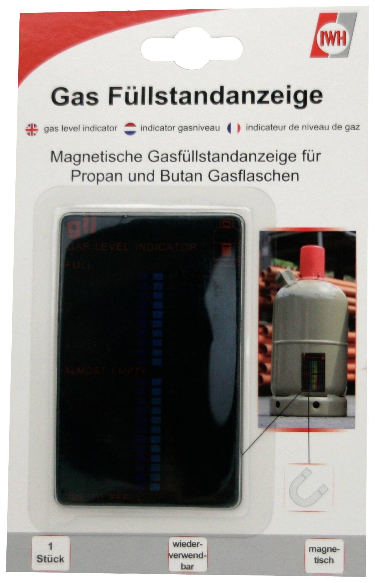 Emballage avec un indicateur de niveau de gaz pour bouteilles de propane et de butane. Le produit affiche visuellement le niveau de remplissage.