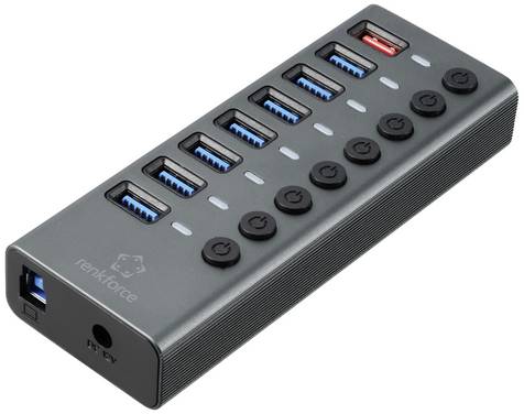 Renkforce RF-6049086 Hub USB 8 ports USB-A USB 3.2 Gen2 10 GBit/s commutable individuellement, avec LEDs de statut, boîtier en aluminium argent-noir RF-HUB-380