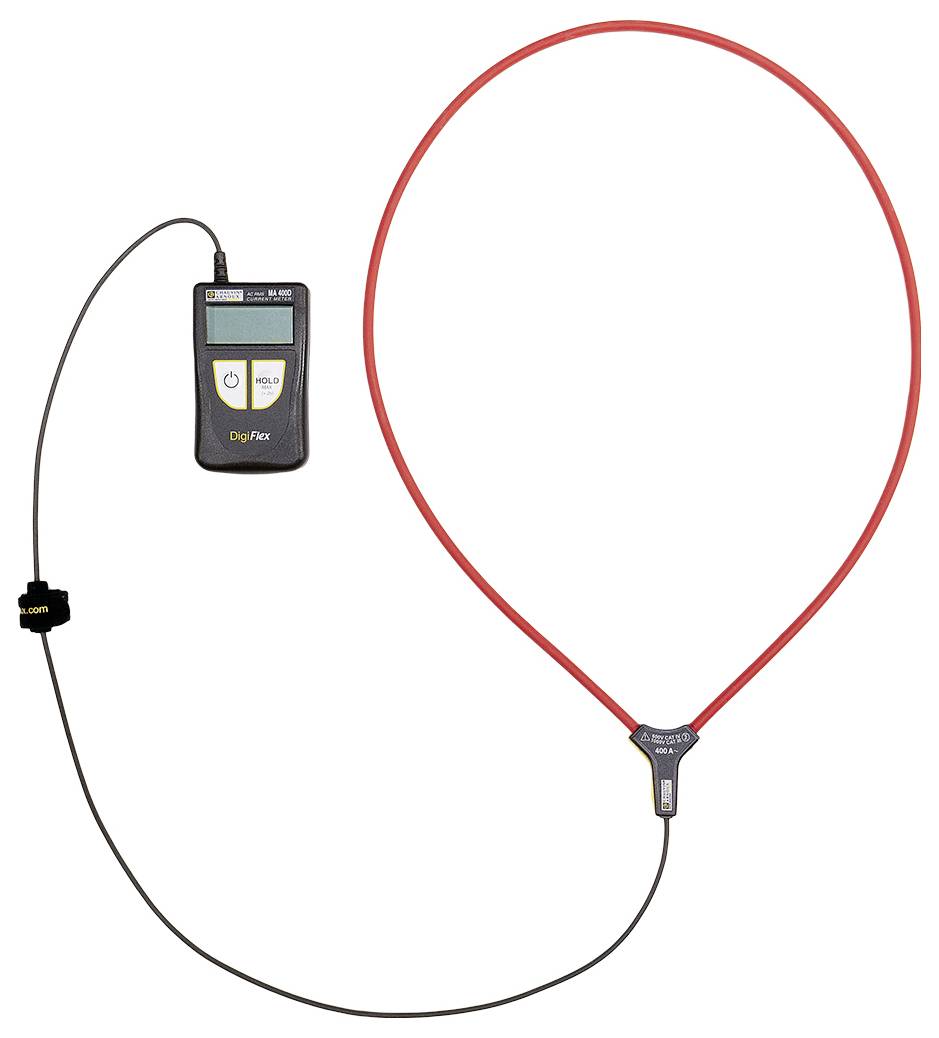 Un appareil de mesure électrique numérique avec une boucle flexible rouge pour mesurer les courants électriques. L'appareil affiche l'intensité du courant en ampères.