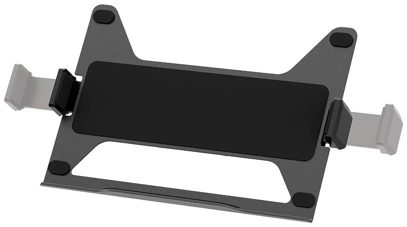 Un support noir rectangulaire avec des pinces latérales réglables, conçu pour maintenir un appareil en place.