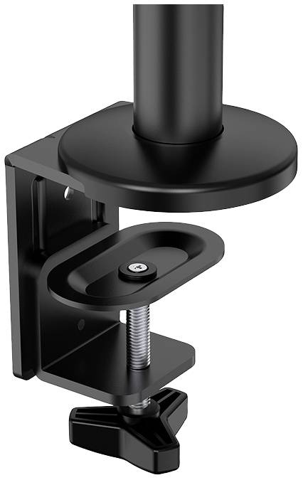 Pince de table noire pour la fixation de supports de moniteur, montrant le système de vis permettant une fixation stable sur les bords de table.