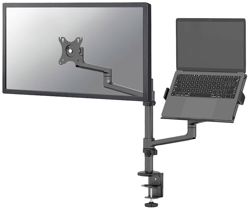 Support de moniteur avec bras, tenant un écran et un ordinateur portable. L'ordinateur portable est ouvert, le support d'écran est vide. Fixé par une pince de table.