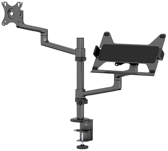 Support de moniteur à deux bras : à gauche un support VESA, à droite un support pour tablette. Monté sur un bureau avec un système de pince.