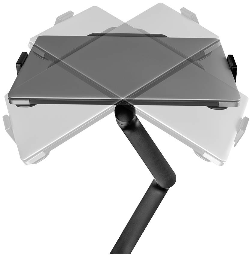 Vue de dessus d'un support de tablette ou de livre pliable avec un bras ajustable et un pied rotatif, en gris et noir.