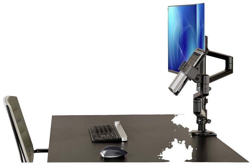 Un bureau avec une chaise de bureau, un clavier, une souris et un support de moniteur qui maintient un écran plat verticalement ; environnement de travail moderne.