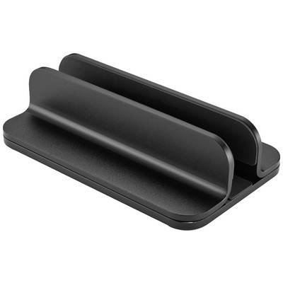 Support d'ordinateur portable noir et minimaliste avec deux fentes verticales de rangement. Idéal pour économiser de l'espace en toute sécurité sur le bureau.