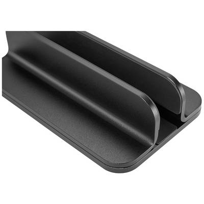 Support de portable noir minimaliste en métal avec un support large et ouvert pour le rangement vertical d'un ordinateur portable.