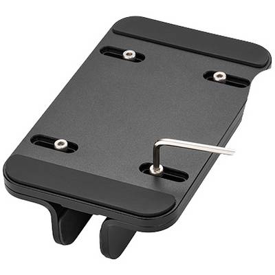 Support noir rectangulaire avec quatre trous de vis et une clé hexagonale en forme de L, sur un fond blanc.