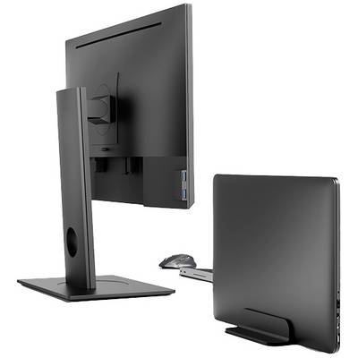 Un grand écran est posé sur un bureau. À côté se trouve un petit boîtier d'ordinateur vertical et une souris.