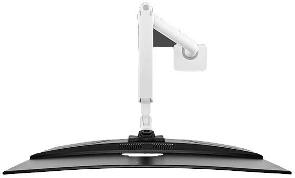 Support court pour moniteur, montrant les fonctions d'inclinaison et de rotation depuis la droite. Économe en énergie et compact.