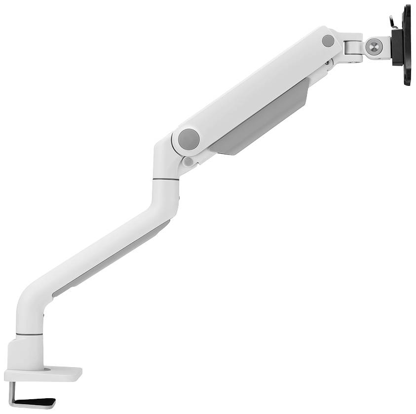 Un bras de moniteur blanc et ajustable pour fixation sur bureau. Il permet des réglages ergonomiques d'un écran d'ordinateur.