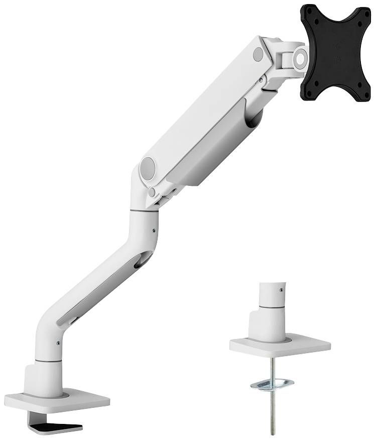 Bras de support de moniteur en métal blanc avec articulations, pince de fixation de table et support de réglage en hauteur. Conçu pour le positionnement flexible des écrans.