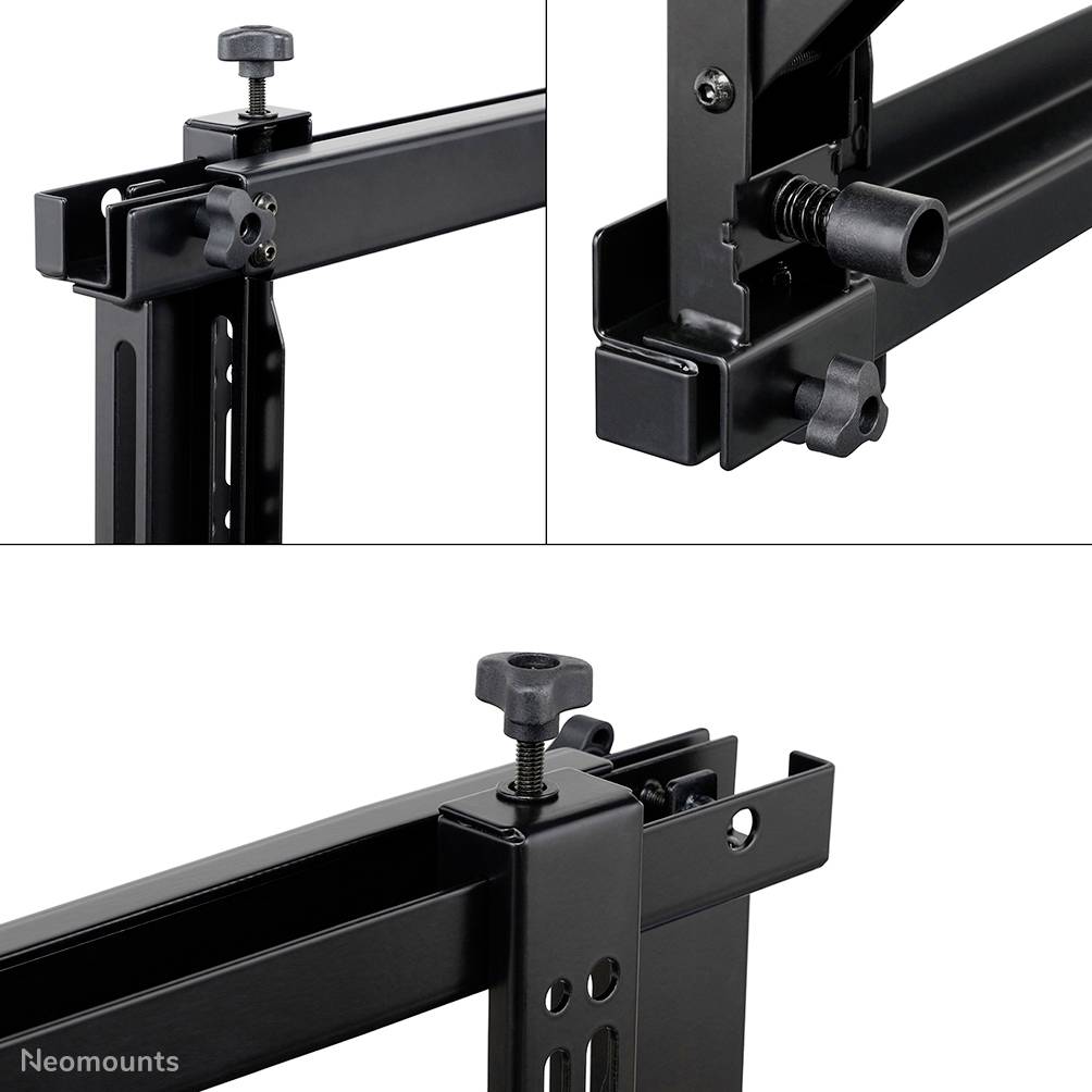 Détails d'un système de cadre métallique avec des vis ajustables et des supports, utilisé pour la fixation ou le montage d'équipements.