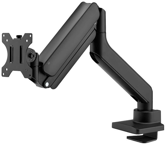 Bras de moniteur noir avec articulations flexibles et pince à vis pour fixation sur une table.
