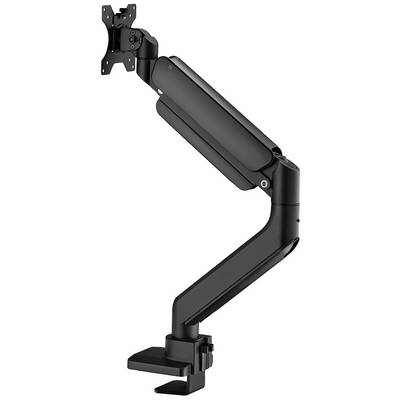 Un bras de moniteur noir, réglable en hauteur et pivotant, avec une pince de fixation pour l'attacher au bureau.