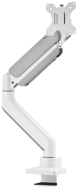 Un bras de moniteur blanc réglable en hauteur, avec fixation de table. Idéal pour un positionnement flexible des écrans.