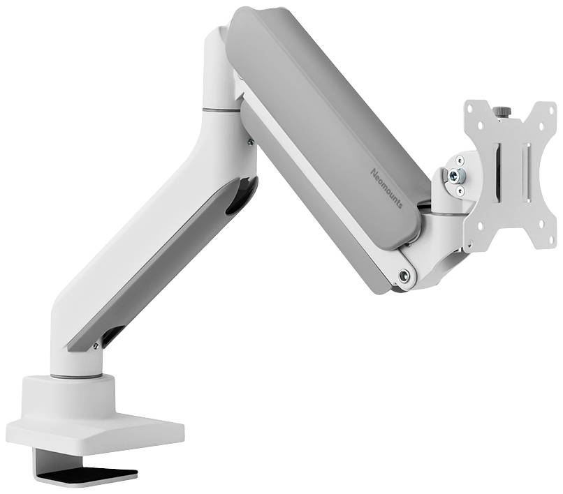 Un bras de moniteur blanc avec des articulations et des possibilités de fixation pour un écran, monté sur le bord d'une table.