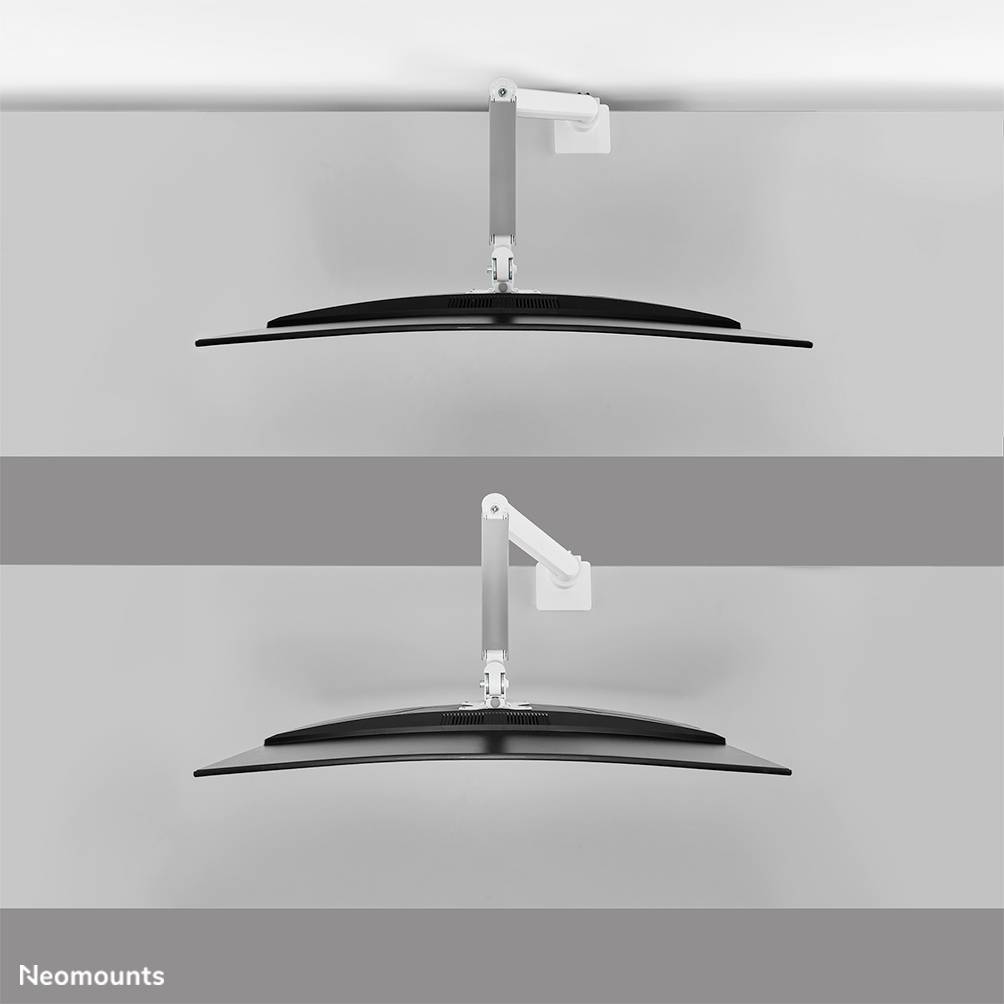 Le support de moniteur 'Neomounts' maintient l'écran du haut dans deux positions : plate et inclinée. Il démontre flexibilité et adaptabilité.