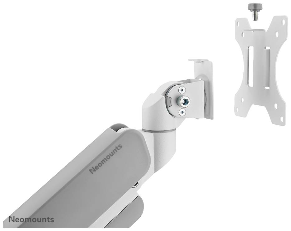 'Bras de montage de Neomounts en blanc, montrant le mécanisme articulé et le support amovible pour fixer un écran au mur.'