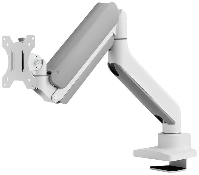 Un bras de moniteur ajustable en métal et plastique, gris et blanc, avec support VESA, pour fixation sur un bureau.