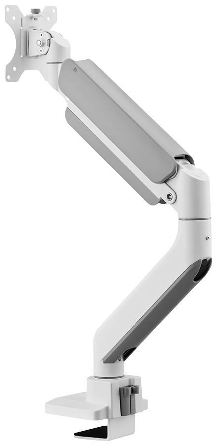 Support de moniteur en blanc et gris avec bras ajustable, à fixer sur un bureau. Idéal pour des positions d'écran flexibles.