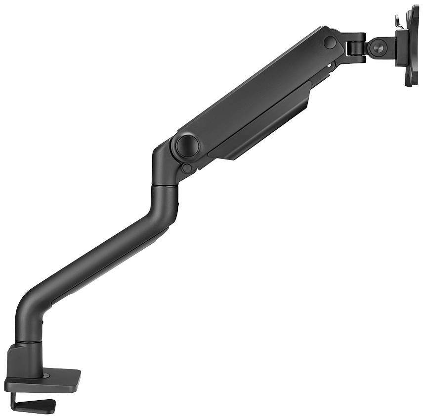 Un bras de support noir articulé pour fixation de moniteur, avec pince de table et articulation réglable.