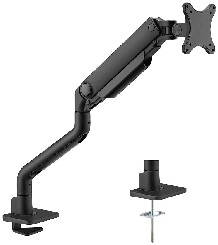 Un bras de moniteur noir ajustable avec pince de table et possibilité de fixation par vis pour un positionnement flexible de l'écran.