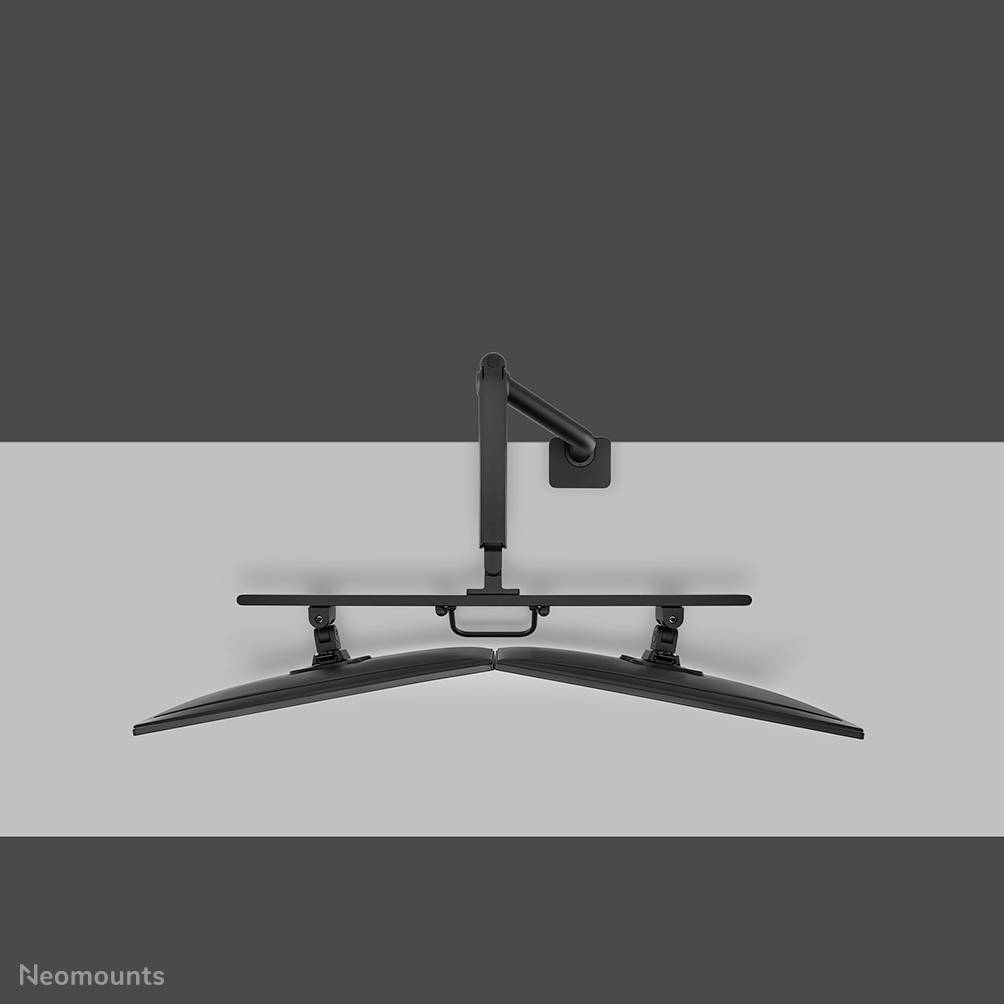 Un bras double pour moniteur maintient deux écrans incurvés sur un support mural. Les bras sont articulés et offrent un positionnement flexible.