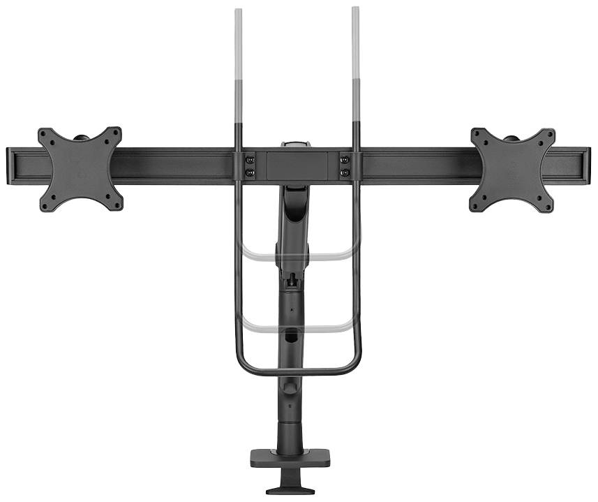 'Support de moniteur noir, réglable, avec deux supports et un pied central. Adapté pour deux écrans.'