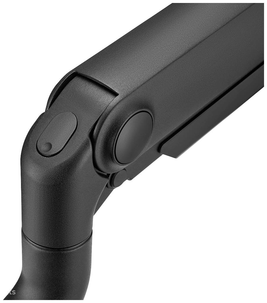 L'accoudoir rembourré d'un fauteuil de bureau réglable en hauteur, en matière noire, montre les détails de sa connexion et ses boutons.