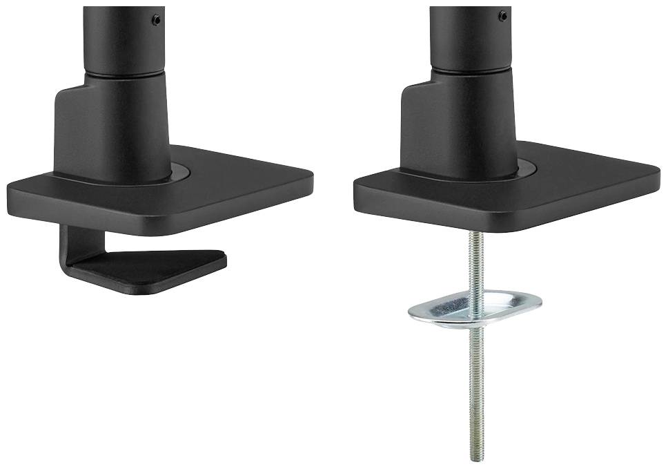 Deux supports de table noirs : à gauche un support à pince, à droite un support à vis. Utilisés pour la fixation sur des tables.