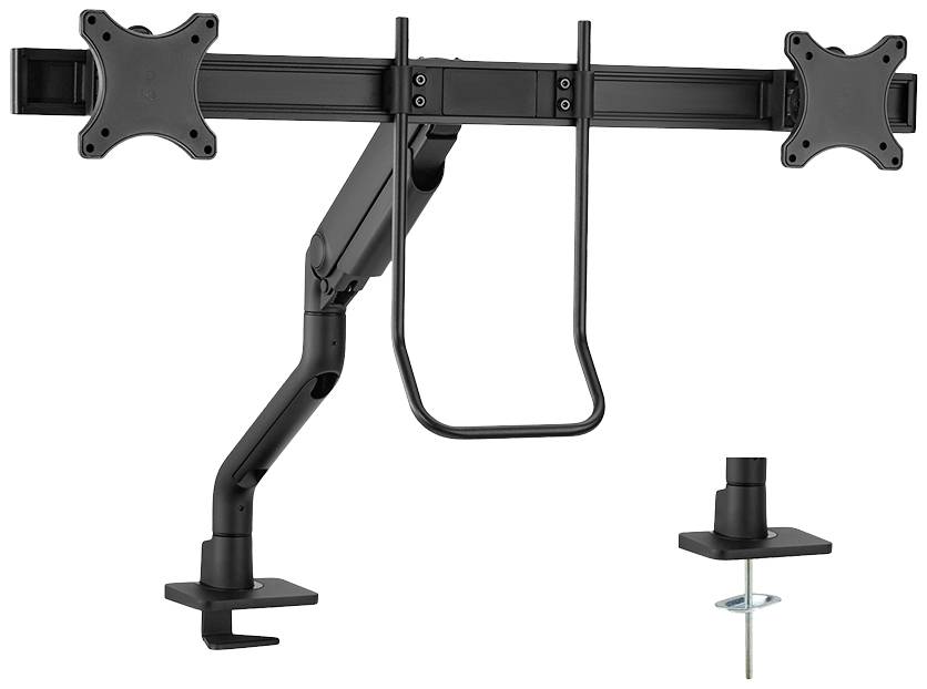Bras de moniteur double avec supports ajustables, pince de fixation et montage à travers le bureau. Soutient le positionnement ergonomique des écrans.