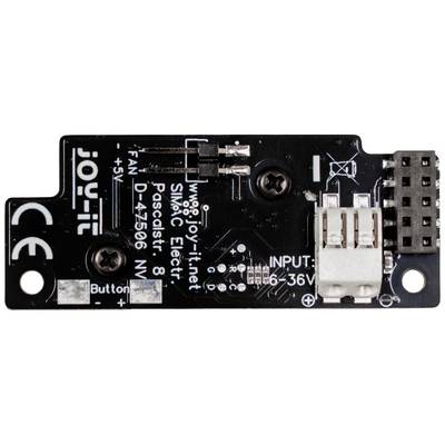 Circuit électronique 'Joy-it' avec connexions et interrupteur. Carte noire avec marquage blanc, incluant un lien vers le site web du fabricant.