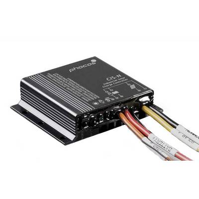 Un régulateur de charge solaire électrique noir avec plusieurs câbles colorés connectés à droite, portant l'étiquette « Phocos CIS-N ».