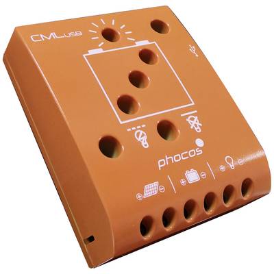 Un appareil orange avec plusieurs trous, des symboles d'énergie solaire et un port USB, portant l'inscription 'CML USB' et 'phocos'.