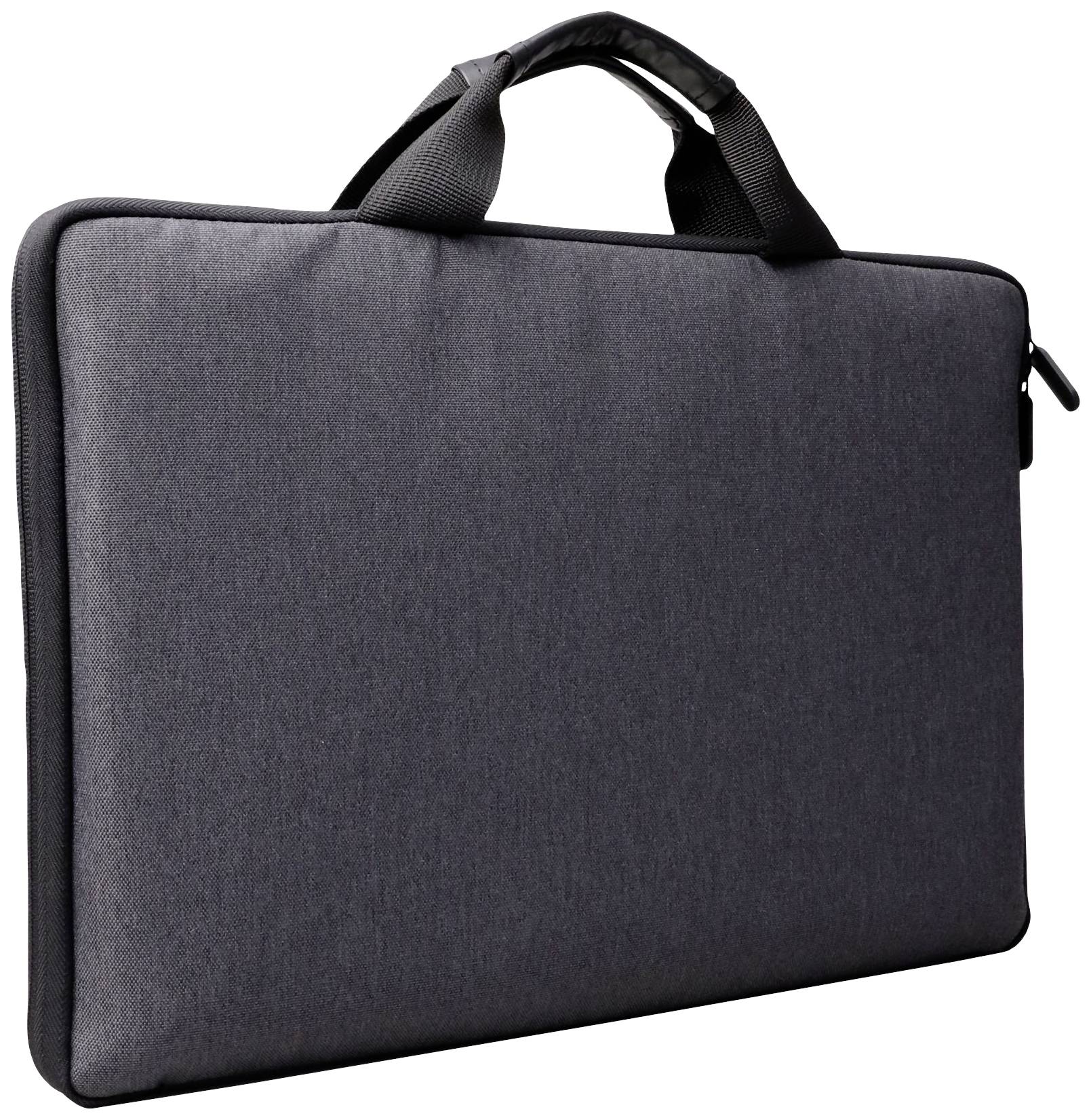 Sacoche pour ordinateur portable en tissu noir avec poignées, fermée. Idéale pour le rangement sécurisé et le transport des ordinateurs portables.