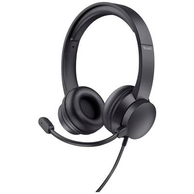 Casque noir à port d'écouteurs avec microphone articulé. Idéal pour les appels téléphoniques et la lecture audio. Design simple, filaire.