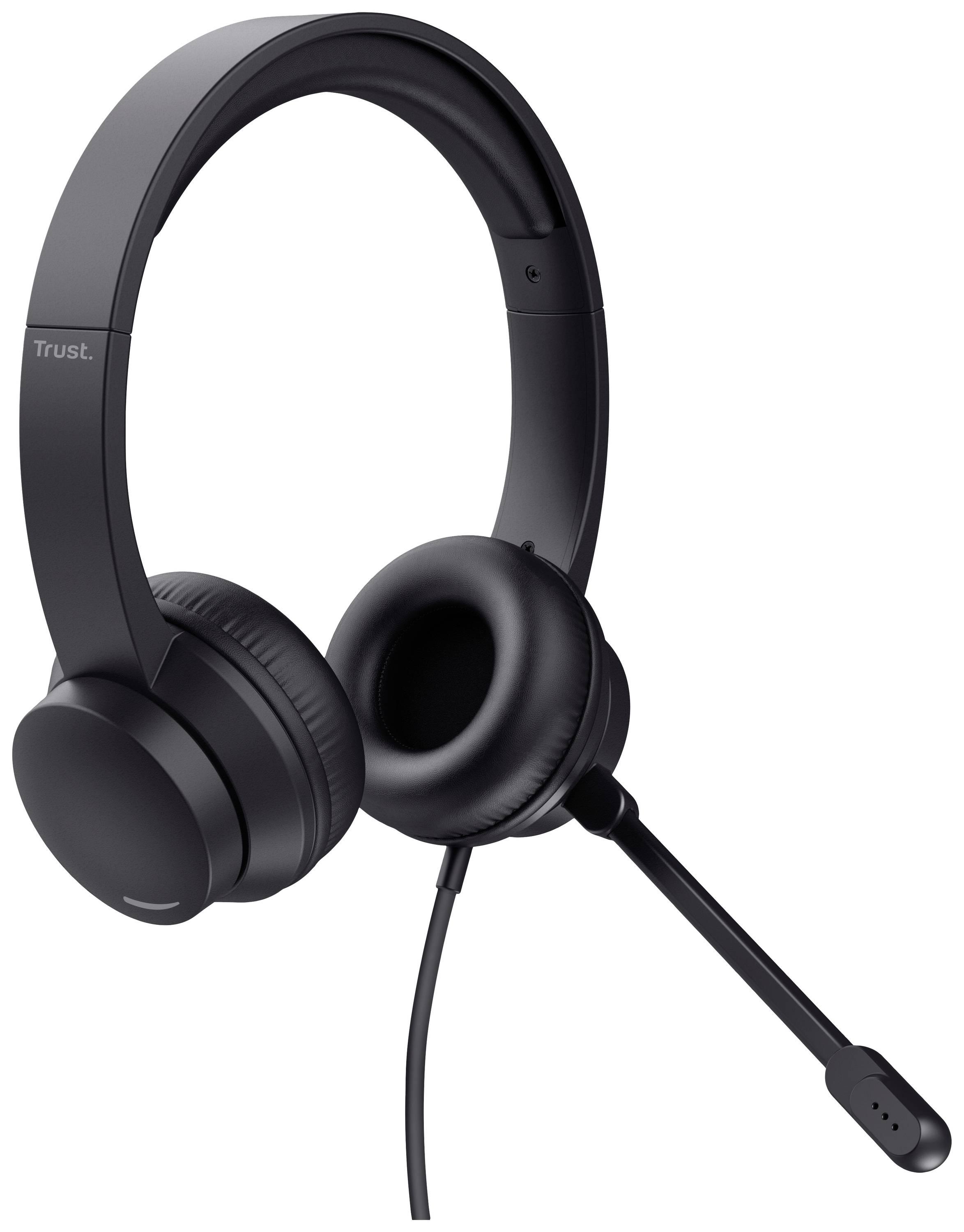 Casque noir avec coussinets d'oreille et microphone ajustable, adapté aux appels audio ou aux jeux.